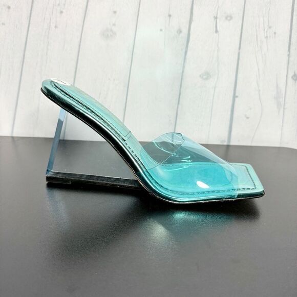 NEW Good American blue clear square toe lucite wedge slip on mule sandals size 7 - Picture 11 of 11